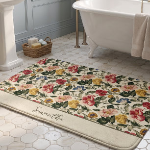 Vintage Floral Monogram Name Bath Mat