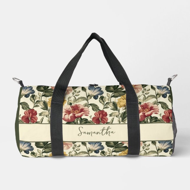 Vintage Floral Monogram Name Duffle Bag (Front)
