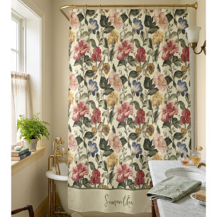 Vintage Floral Monogram Name Shower Curtain