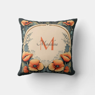 Vintage Floral Monogram Poppies Art Nouveau Cushion