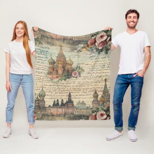 Vintage Floral Moscow Artwork - Handwritten Script Fleece Blanket