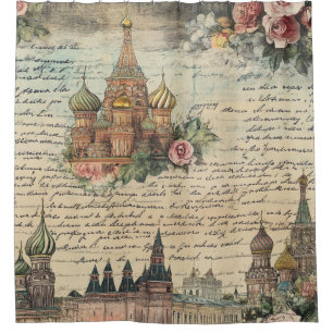 Vintage Floral Moscow Artwork - Handwritten Script Shower Curtain