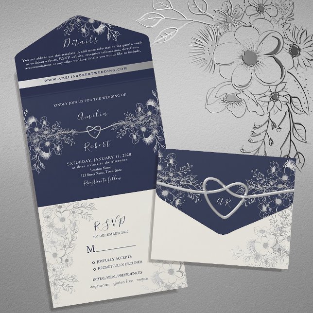 Vintage Floral Navy and Silver Wedding All In One Invitation (Creator Uploaded)