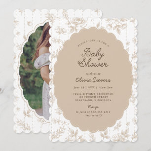 Vintage Floral Neutral Beige Scalloped Baby Shower Invitation