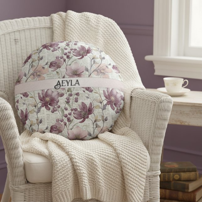 Vintage Floral Newspaper Pattern Round Cushion (Creator Uploaded)