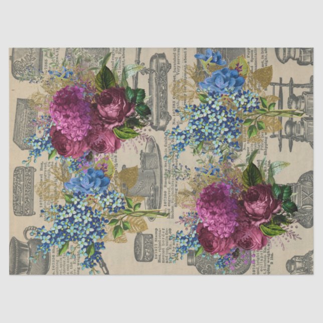 Vintage Floral Newspaper Print Decoupage Tissue Paper (Front)