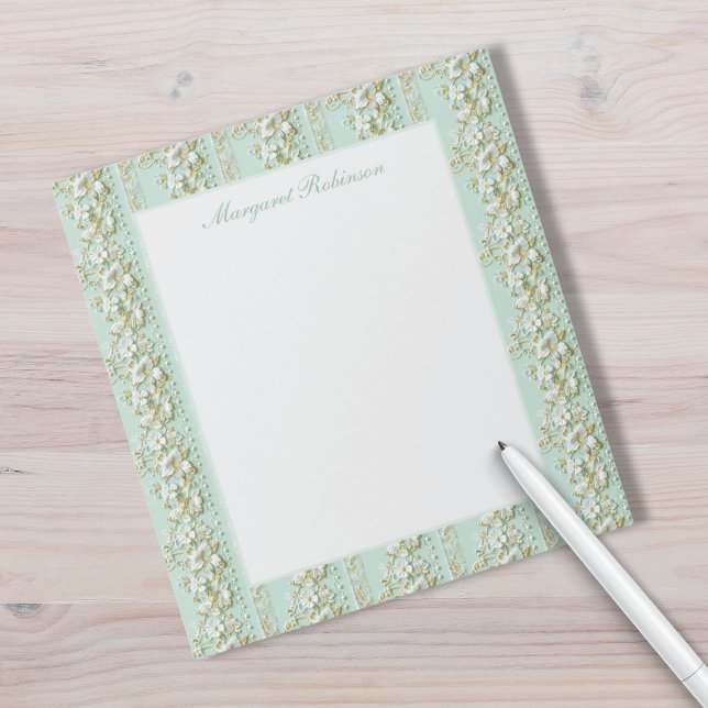 Vintage Floral Notepad (pale mint green cream floral faux lace notepad with custom monogram name in script calligraphy)