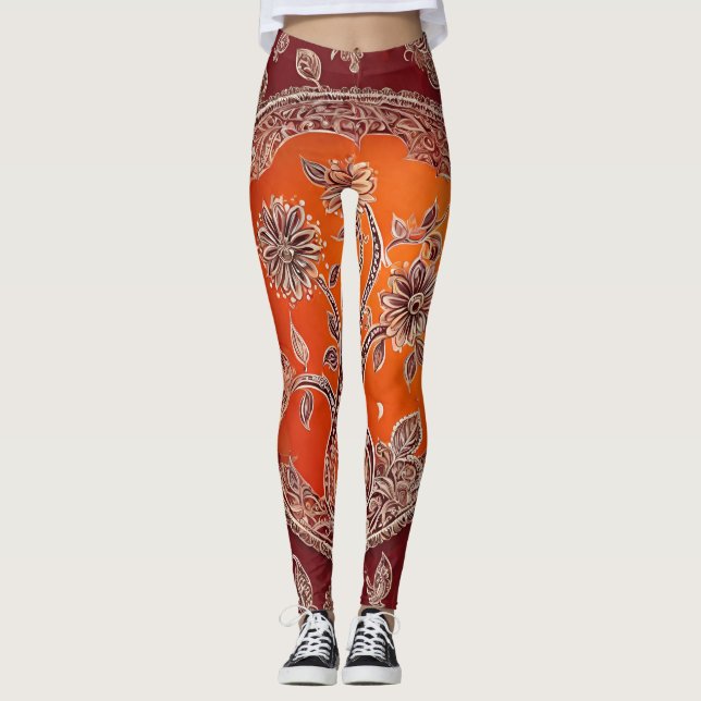 Vintage Floral Orange Flame Red AI art  Leggings (Front)