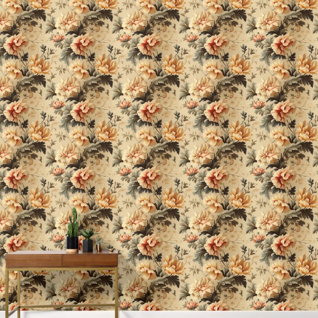 Vintage Floral Orange Peony Wallpaper (Hallway)