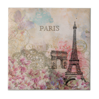 Vintage Floral Paris Eiffel Tower Ephemera Ceramic Tile