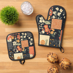 Vintage Floral Patchwork Pattern Oven Mitt & Pot Holder Set