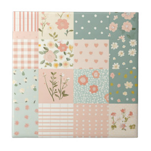 Vintage Floral Patchwork Pattern - Pastel (6) Ceramic Tile