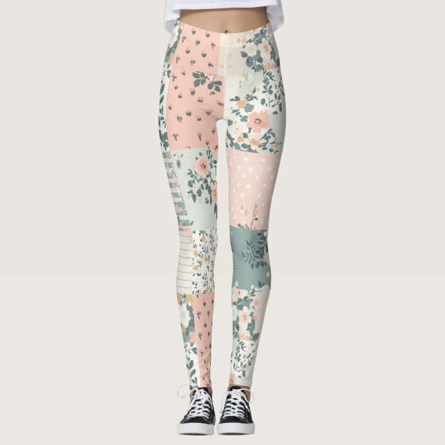 Vintage Floral Patchwork Pattern - Pastel Leggings (Front)