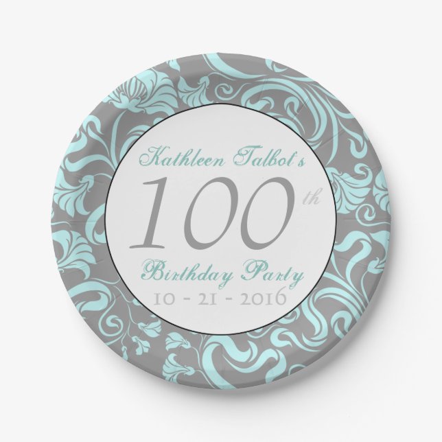 Vintage Floral Pattern 100th Birthday Paper Plate (Front)