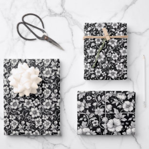 Vintage Floral Pattern – Ivory on Black Botanical  Wrapping Paper Sheet