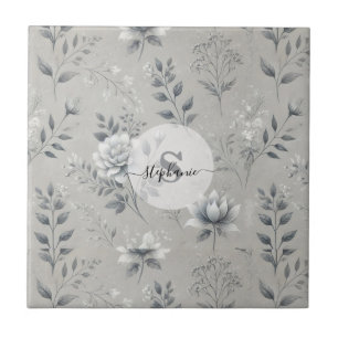 Vintage Floral Pattern on Rustic Grey Background Ceramic Tile