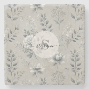 Vintage Floral Pattern on Rustic Grey Background Stone Coaster