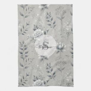 Vintage Floral Pattern on Rustic Grey Background Tea Towel