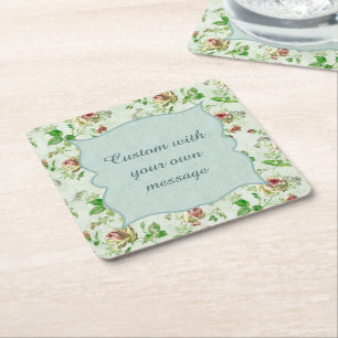 Vintage Floral Pattern Pink Roses Custom Message Square Paper Coaster