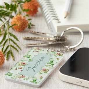 Vintage Floral Pattern Pink Roses Personalised Key Ring