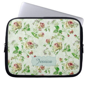 Vintage Floral Pattern Pink Roses Personalised Laptop Sleeve