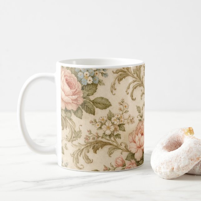 Vintage Floral Pattern Wallpaper  Coffee Mug (With Donut)