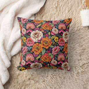 Vintage floral pattern with bold colours on black cushion