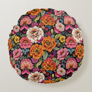 Vintage floral pattern with bold colours on black round cushion