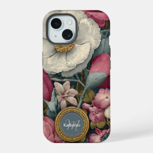 Vintage Floral Pattern with Custom Name iPhone 15 Case