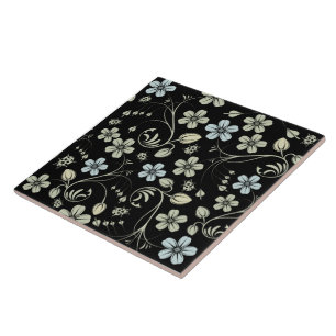 Vintage Floral Pattern with Ladybugs on Black Ceramic Tile