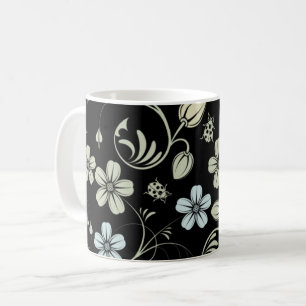 Vintage Floral Pattern with Ladybugs on Black Coffee Mug