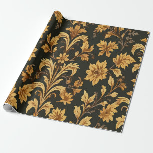 Vintage Floral Pattern with Mustard Yellow Black Wrapping Paper