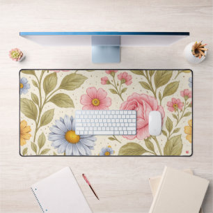 Vintage Floral Pattern with Roses and Daisies Desk Mat