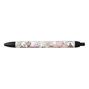 Vintage Floral Pattern with Roses Black Ink Pen