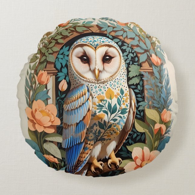 Vintage Floral Patterned Barn Owl Round Cushion (Front)