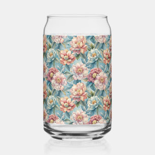 Vintage Floral Peach and Pink Patel Blue Can Glass