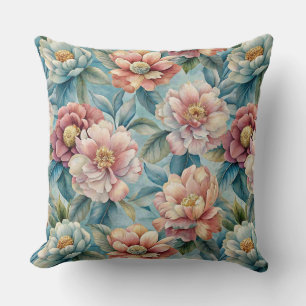 Vintage Floral Peach and Pink Patel Blue Cushion