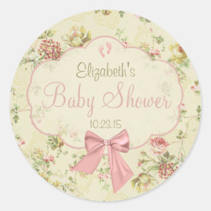 Vintage Floral Peach Bow Baby Shower Classic Round Sticker