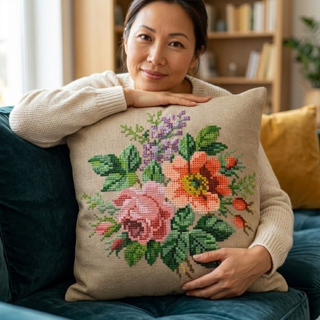 Vintage Floral Peach & Pink Flower Needlepoint Cushion (Creator Uploaded)