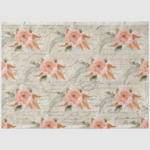 Vintage Floral Peach Script Ephemera Decoupage Tissue Paper