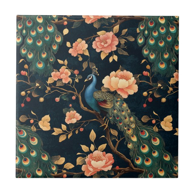 Vintage Floral Peacock Pattern Ceramic Tile (Front)