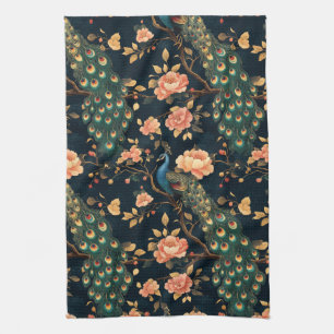 Vintage Floral Peacock Pattern Tea Towel