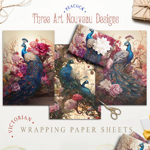 Vintage Floral Peacock Victorian Art Nouveau Wrapping Paper Sheet