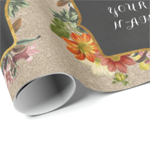 Vintage Floral Peony Personalised Name Pearly Rose Wrapping Paper