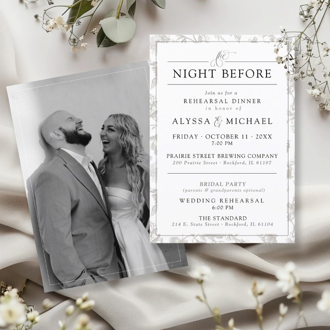 Vintage Floral Photo Wedding Rehearsal Invitation (Minimalist black and white photo vintage floral wedding suite rehearsal dinner invite insert card)