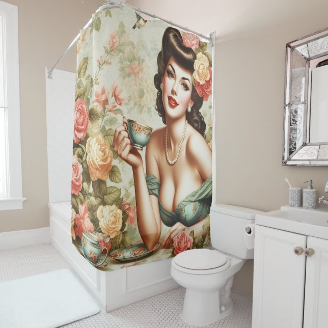 Vintage Floral Pin Up Shower Curtain (In Situ)