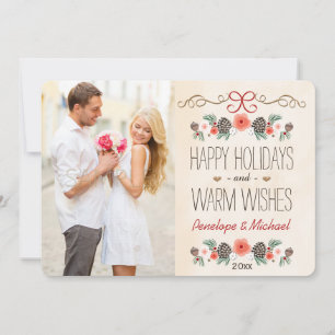 Vintage Floral Pine Cone Photo Holiday Card