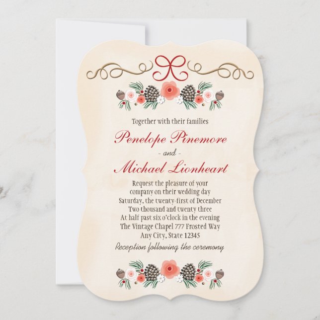 Vintage Floral Pinecone Christmas Wedding Invitation (Front)