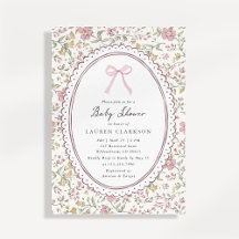 Vintage Floral Pink Bow Baby Shower Invitation