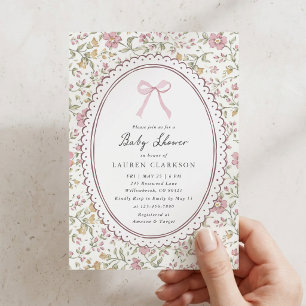 Vintage Floral Pink Bow Baby Shower Invitation